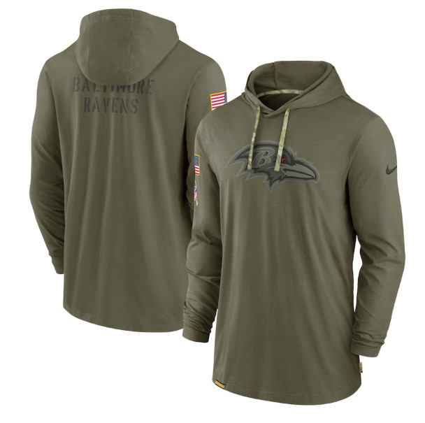 Men's Baltimore Ravens 2022 Olive Salute to Service Tonal Pullover Hoodie - Click Image to Close